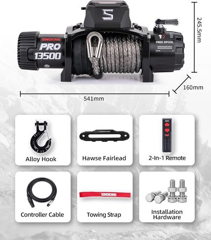 SINOKING PRO Series 13500 رطل ونش كهربائي، ونش سحب 12 فولت، حبل صناعي، جهاز تحكم عن بعد سلكي/لاسلكي 2 في 1، مقاوم للماء IP67، محرك 7 حصان لسيارات الجيب وسيارات الدفع الرباعي والشاحنات والمقطورة in Kuwait