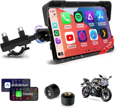 شاشة CarPlay مقاس 7 بوصات للدراجات النارية مع TPMS و2 مصدر طاقة، CarPlay لاسلكي وAndroid Auto IP67 شاشة لمس مقاومة للماء Moto CarPlay شاشة ملاحة مزدوجة بلوتوث Siri G-oole مساعدة التحكم الصوتي in Kuwait