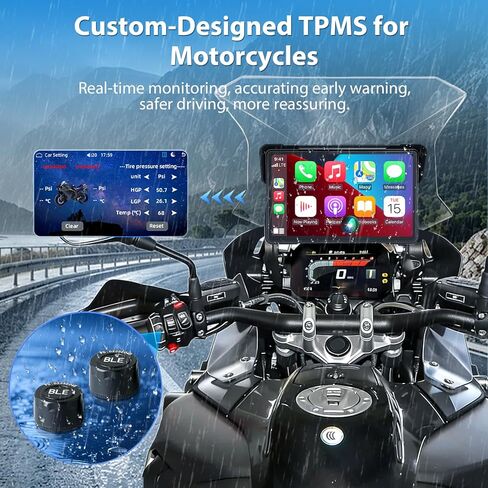 شاشة CarPlay مقاس 7 بوصات للدراجات النارية مع TPMS و2 مصدر طاقة، CarPlay لاسلكي وAndroid Auto IP67 شاشة لمس مقاومة للماء Moto CarPlay شاشة ملاحة مزدوجة بلوتوث Siri G-oole مساعدة التحكم الصوتي in Kuwait