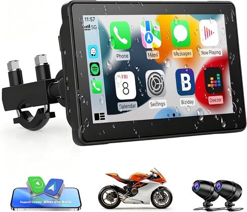 7-Inch Motorcycle CarPlay with HD Dual Dash Cam, Wireless Apple CarPlay & Android Auto with GPS Navigation, Siri & Google Voice Control/Bluetooth 5.1 / IPS Touchscreen / IP67K Waterproof in Kuwait