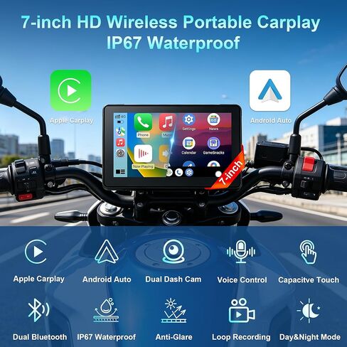 7-Inch Motorcycle CarPlay with HD Dual Dash Cam, Wireless Apple CarPlay & Android Auto with GPS Navigation, Siri & Google Voice Control/Bluetooth 5.1 / IPS Touchscreen / IP67K Waterproof in Kuwait