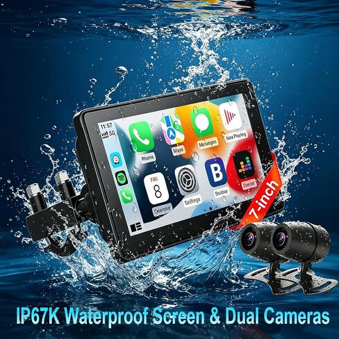 7-Inch Motorcycle CarPlay with HD Dual Dash Cam, Wireless Apple CarPlay & Android Auto with GPS Navigation, Siri & Google Voice Control/Bluetooth 5.1 / IPS Touchscreen / IP67K Waterproof in Kuwait
