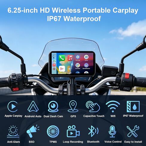دراجة نارية CarPlay تدعم Apple CarPlay وAndroid Auto، شاشة لمس مقاومة للماء مقاس 6.25 بوصة، كاميرا داش مزدوجة/نظام تحديد المواقع العالمي للملاحة/التحكم الصوتي/بلوتوث/جهاز التحكم عن بعد/TPMS/BSD in Kuwait