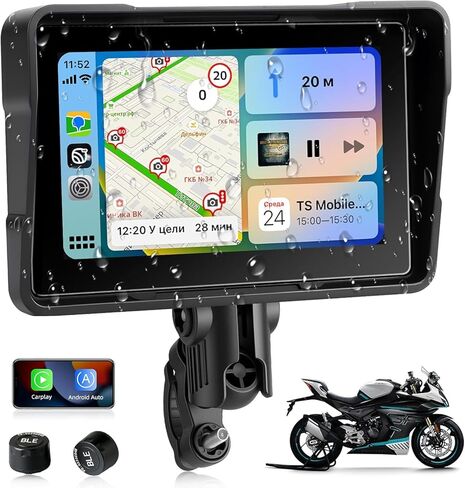 5 Inch Motorcycle Carplay with TPMS GPS Navigation System with Apple Carplay and Android Auto Portable Screen with Dual Bluetooth, Navigation, Siri, Google Assistant Included TPMS in Kuwait