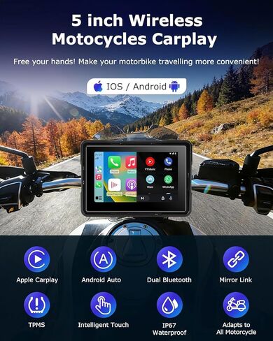 5 Inch Motorcycle Carplay with TPMS GPS Navigation System with Apple Carplay and Android Auto Portable Screen with Dual Bluetooth, Navigation, Siri, Google Assistant Included TPMS in Kuwait