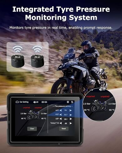 5 Inch Motorcycle Carplay with TPMS GPS Navigation System with Apple Carplay and Android Auto Portable Screen with Dual Bluetooth, Navigation, Siri, Google Assistant Included TPMS in Kuwait