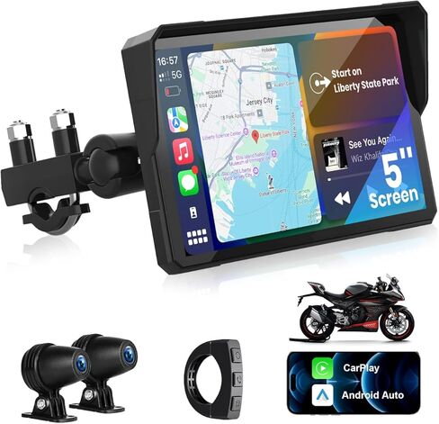 نظام ملاحة GPS Carplay للدراجات النارية اللاسلكي مقاس 5 بوصات مع Apple Carplay وAndroid Auto، شاشة Carplay للدراجات النارية مضادة للماء ومضادة للوهج مع كاميرات 2K، بلوتوث مزدوج، نظام تحديد المواقع العالمي (GPS)، التحكم الصوتي in Kuwait