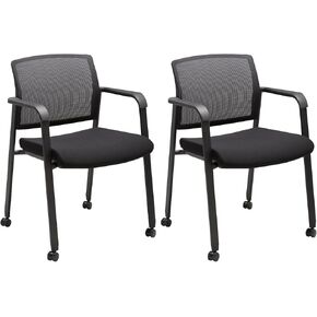 CLATINA Black Waiting Room Chair with Wheels Mesh Back Stacking Arm Chairs with Upholstered Fabric Seat and Ergonomic Lumbar Support for Office School Church Guest Reception, Set of 2 in Saudi Arabia