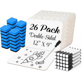 26 Pack Dry Erase Lapboards 12" x 9" - Double Sided Small Dry Erase Boards with 26 Markers & Erasers - Bulk Mini White Boards for Students, Kids, Teachers & School - Classroom Whiteboard Supplies in Kuwait