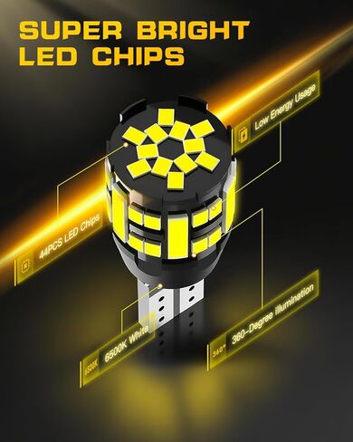 مصابيح LED 912 921 - مصابيح عكسية احتياطية، 44-SMD، أكثر سطوعًا بنسبة 600%، 6500K أبيض، غير قطبية - تناسب 906، W16W، T15، 921 - استبدال مباشر - عبوتان in Kuwait