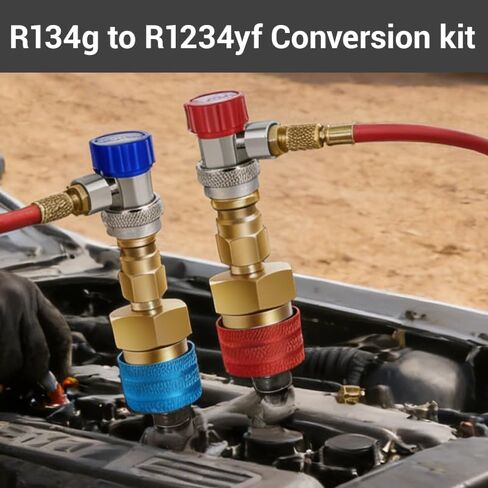 2 قطعة محول R1234yf إلى R134a، محول 1234yf جانب الضغط العالي والمنخفض، موصل تحويل قارنة التوصيل السريع R1234yf، مجموعة موصلات تحويل إعادة شحن مبرد السيارة والإخلاء in Kuwait
