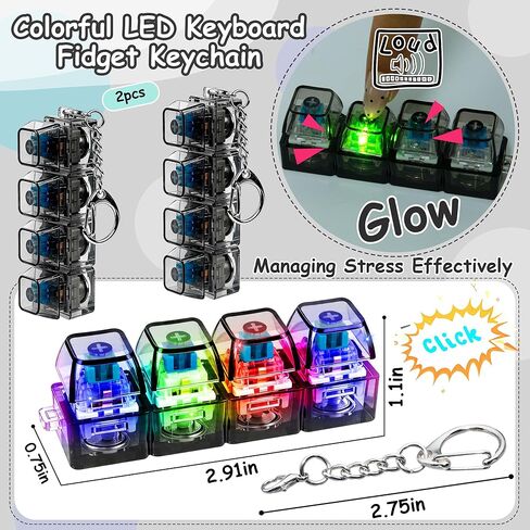 2 PCS Keyboard Fidget Toy, Keyboard Fidget with LED Light Keychain 4-in-1 Keyboard Decompression Button Finger Clicker Toys, Button Stress Relief Fidget for Kids Women(Transparent Black) in Saudi Arabia