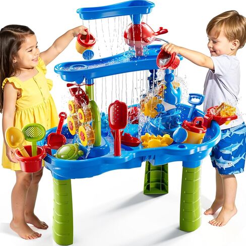 3-Tier Sand and Water Activity Table for Kids 3-8, Sensory Play Table with Waterfall Design & Beach Toy Set, Outdoor Backyard Playset for Toddlers 2-6, Great Birthday Present in Saudi Arabia