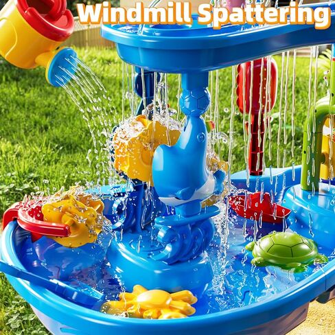 3-Tier Sand and Water Activity Table for Kids 3-8, Sensory Play Table with Waterfall Design & Beach Toy Set, Outdoor Backyard Playset for Toddlers 2-6, Great Birthday Present in Saudi Arabia