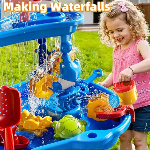 3-Tier Sand and Water Activity Table for Kids 3-8, Sensory Play Table with Waterfall Design & Beach Toy Set, Outdoor Backyard Playset for Toddlers 2-6, Great Birthday Present in Saudi Arabia