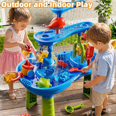 3-Tier Sand and Water Activity Table for Kids 3-8, Sensory Play Table with Waterfall Design & Beach Toy Set, Outdoor Backyard Playset for Toddlers 2-6, Great Birthday Present in Saudi Arabia