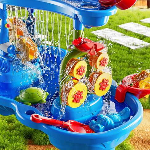 3-Tier Sand and Water Activity Table for Kids 3-8, Sensory Play Table with Waterfall Design & Beach Toy Set, Outdoor Backyard Playset for Toddlers 2-6, Great Birthday Present in Saudi Arabia