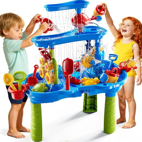 3-Tier Sand and Water Table Toys for Kids Aged 3 4 5 6 7 8, Water Waterfall Sensory Play Table with Beach Toys Accessories, Outdoor Activity Playset for Toddlers 2-4 3-5 4-6, Birthday Gifts in Kuwait