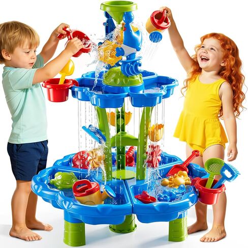 3-Tier Sand and Water Table Toys for Kids Aged 3 4 5 6 7 8, Water Waterfall Sensory Play Table with Beach Toys Accessories, Outdoor Activity Playset for Toddlers 2-4 3-5 4-6, Birthday Gifts in Kuwait