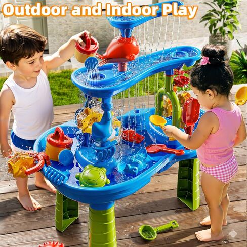 3-Tier Sand and Water Table Toys for Kids Aged 3 4 5 6 7 8, Water Waterfall Sensory Play Table with Beach Toys Accessories, Outdoor Activity Playset for Toddlers 2-4 3-5 4-6, Birthday Gifts in Kuwait