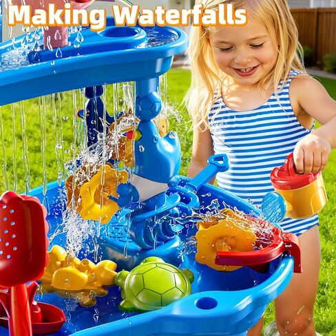 3-Tier Sand and Water Table Toys for Kids Aged 3 4 5 6 7 8, Water Waterfall Sensory Play Table with Beach Toys Accessories, Outdoor Activity Playset for Toddlers 2-4 3-5 4-6, Birthday Gifts in Kuwait
