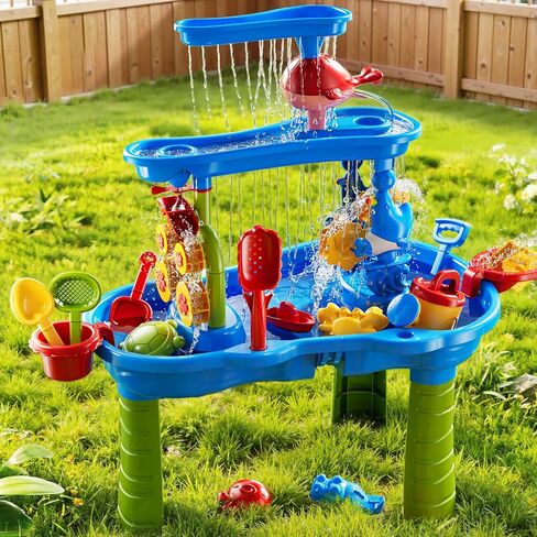 3-Tier Sand and Water Table Toys for Kids Aged 3 4 5 6 7 8, Water Waterfall Sensory Play Table with Beach Toys Accessories, Outdoor Activity Playset for Toddlers 2-4 3-5 4-6, Birthday Gifts in Kuwait
