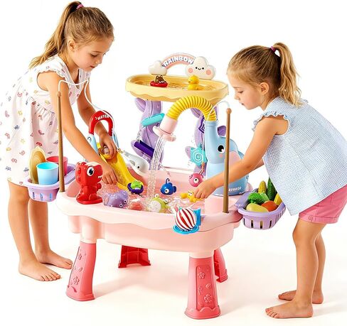 2027 Upgraded Toddler Sand Water Table Toy with Electric Water Pump, Kids Sand Water with Faucet/Play Food Accessories/Fishing Toy, Kitchen Play Sink Toys for Girl Boy Age 3+ (Pink) in Kuwait