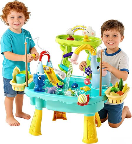 2027 Upgraded Toddler Sand Water Table Toy with Electric Water Pump, Kids Sand Water with Faucet/Play Food Accessories/Fishing Toy, Kitchen Play Sink Toys for Girl Boy Age 3+ (Pink) in Kuwait