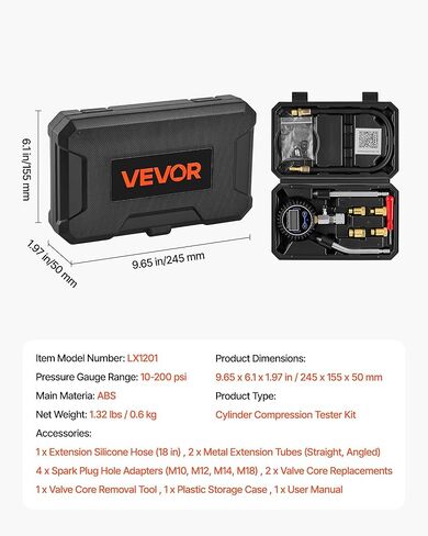 مجموعة اختبار ضغط أسطوانة المحرك VEVOR، نطاق قياس الضغط من 10-200 رطل لكل بوصة مربعة، طقم اختبار الضغط مع 4 محولات، أنابيب معدنية ممتدة مستقيمة وزاوية للسيارات والدراجات النارية in Kuwait