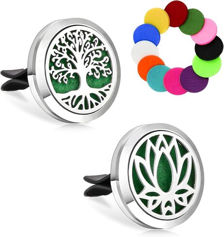 2 PCS 30mm Car Diffuser Vent Clips, Tree of Life Aromatherapy Essential Oil Diffuser Car Clip with 12 Felt Pads, Removable Stainless Steel Air Freshener Lockets for Women Men (Silver) in Kuwait
