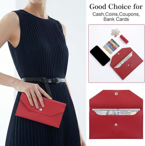 2PCS PU Leather Envelope Wallet - Burgundy Cash Envelope Wallet for Women Men Cash Stuffing - Leather Cash Envelope for Travel & Budgeting in Kuwait