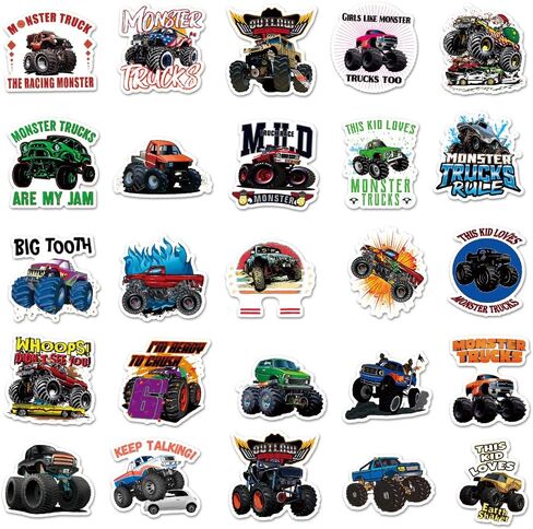 DULEFUN 50PCS Monster Truck Stickers, Truck Car Stickers for kids, Car Stickers Waterproof for Water Bottles Skateboard Car Bike Phone Case Laptop Suitcase, Monster Truck Gifts for Girls Boys Party in Saudi Arabia