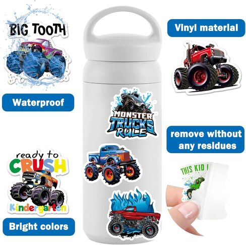 DULEFUN 50PCS Monster Truck Stickers, Truck Car Stickers for kids, Car Stickers Waterproof for Water Bottles Skateboard Car Bike Phone Case Laptop Suitcase, Monster Truck Gifts for Girls Boys Party in Saudi Arabia