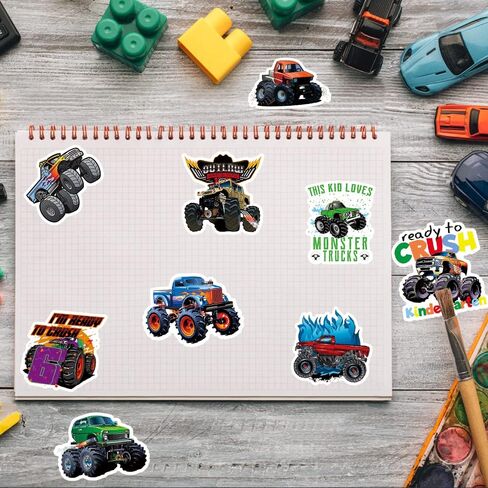 DULEFUN 50PCS Monster Truck Stickers, Truck Car Stickers for kids, Car Stickers Waterproof for Water Bottles Skateboard Car Bike Phone Case Laptop Suitcase, Monster Truck Gifts for Girls Boys Party in Saudi Arabia