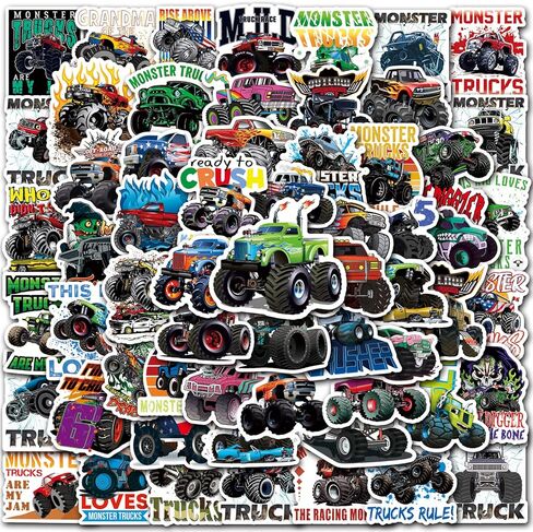 DULEFUN 50PCS Monster Truck Stickers, Truck Car Stickers for kids, Car Stickers Waterproof for Water Bottles Skateboard Car Bike Phone Case Laptop Suitcase, Monster Truck Gifts for Girls Boys Party in Saudi Arabia