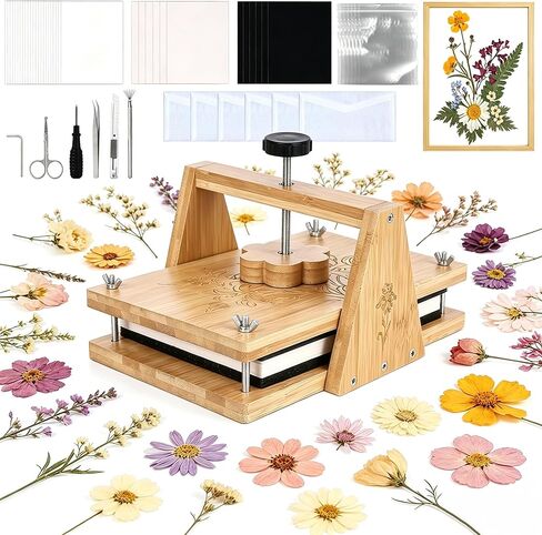 مجموعة ضغط زهرة الربيع من HomdMarket - مكبس خشبي مقاس 12 × 8 بوصة مع 6 طبقات وضغط متساوي، يتضمن أدوات وأظرف أرشيفية للزهور المجففة وحفلات الزفاف وفن الراتنج in Kuwait