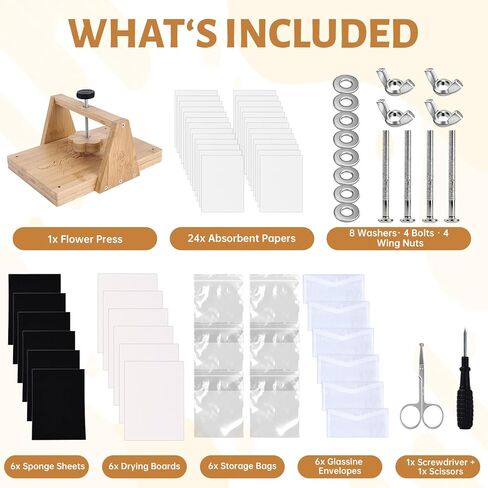 مجموعة ضغط زهرة الربيع من HomdMarket - مكبس خشبي مقاس 12 × 8 بوصة مع 6 طبقات وضغط متساوي، يتضمن أدوات وأظرف أرشيفية للزهور المجففة وحفلات الزفاف وفن الراتنج in Kuwait