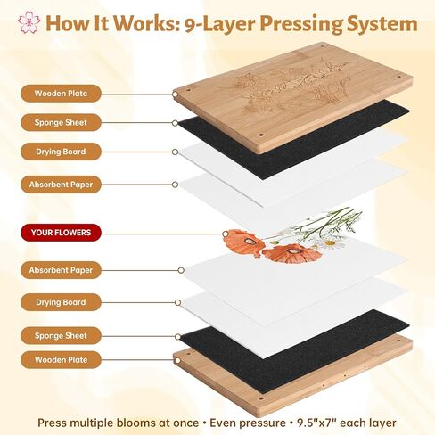 مجموعة ضغط زهرة الربيع من HomdMarket - مكبس خشبي مقاس 12 × 8 بوصة مع 6 طبقات وضغط متساوي، يتضمن أدوات وأظرف أرشيفية للزهور المجففة وحفلات الزفاف وفن الراتنج in Kuwait