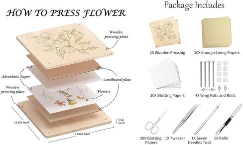 FOCHIER F Flower Press Kit for Adults & Kids, Extra Large Wooden Flower Press Kit with Tools, 30 Blotting Papers, for Pressed Flowers, Resin Art, DIY Crafts & Flower Preservation in Kuwait