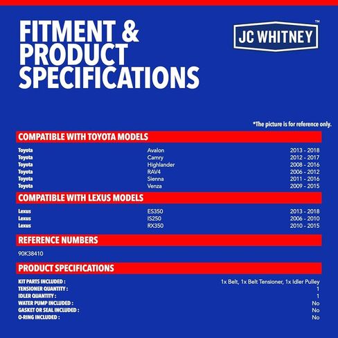 JC Whitney JFBAJCWTBK00097 طقم حزام محرك سيربنتين - متوافق مع Toyota RAV4 06-12، Camry 12-17، Highlander 08-16، Lexus RX350 10-15، IS250 06-10، ES350 13-18 - 2.5L 3.5L in Kuwait