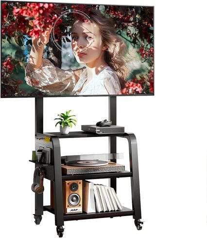 Wooden Base Rolling TV Stand for 32-75 inch TVs up to 132 lbs, Mobile TV Stand with 3-Tier Storage Shelf & Pegboard, Height Adjustable Heavy Duty TV Cart, Max VESA 600x400mm in Saudi Arabia