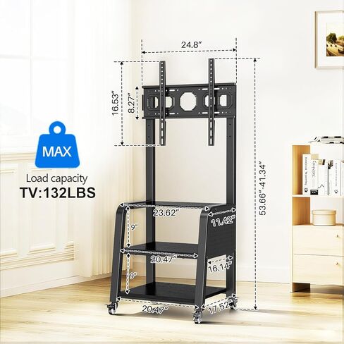 Wooden Base Rolling TV Stand for 32-75 inch TVs up to 132 lbs, Mobile TV Stand with 3-Tier Storage Shelf & Pegboard, Height Adjustable Heavy Duty TV Cart, Max VESA 600x400mm in Saudi Arabia