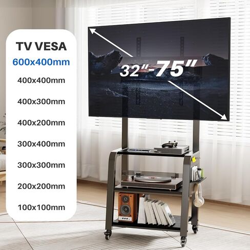Wooden Base Rolling TV Stand for 32-75 inch TVs up to 132 lbs, Mobile TV Stand with 3-Tier Storage Shelf & Pegboard, Height Adjustable Heavy Duty TV Cart, Max VESA 600x400mm in Saudi Arabia