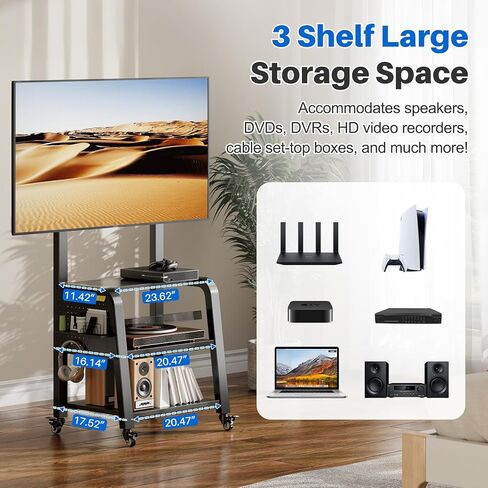Wooden Base Rolling TV Stand for 32-75 inch TVs up to 132 lbs, Mobile TV Stand with 3-Tier Storage Shelf & Pegboard, Height Adjustable Heavy Duty TV Cart, Max VESA 600x400mm in Saudi Arabia