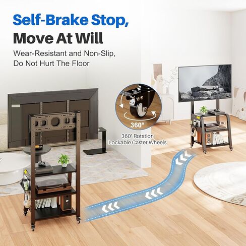 Wooden Base Rolling TV Stand for 32-75 inch TVs up to 132 lbs, Mobile TV Stand with 3-Tier Storage Shelf & Pegboard, Height Adjustable Heavy Duty TV Cart, Max VESA 600x400mm in Saudi Arabia