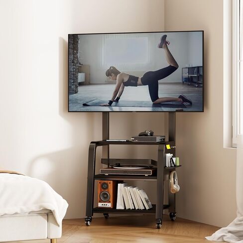 Wooden Base Rolling TV Stand for 32-75 inch TVs up to 132 lbs, Mobile TV Stand with 3-Tier Storage Shelf & Pegboard, Height Adjustable Heavy Duty TV Cart, Max VESA 600x400mm in Saudi Arabia