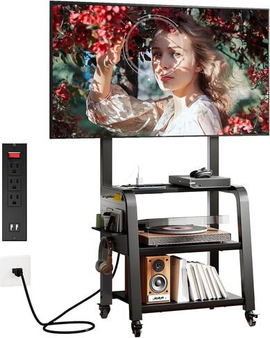 Wooden Base Rolling TV Stand for 32-75 inch TVs up to 132 lbs, Mobile TV Stand with 3-Tier Storage Shelf & Pegboard, Height Adjustable Heavy Duty TV Cart, Max VESA 600x400mm in Saudi Arabia