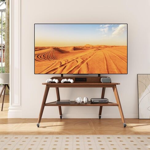 Solid Wood Rolling TV Stand with Power Outlet,Corner Entertainment Center for 40-85 Inch,TV Cart with Storage Shelves,Television Stands with Adjustable Height,Mobile TV Stand for Bedroom,Living Room in Kuwait