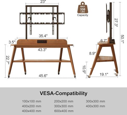 Solid Wood Rolling TV Stand with Power Outlet,Corner Entertainment Center for 40-85 Inch,TV Cart with Storage Shelves,Television Stands with Adjustable Height,Mobile TV Stand for Bedroom,Living Room in Kuwait