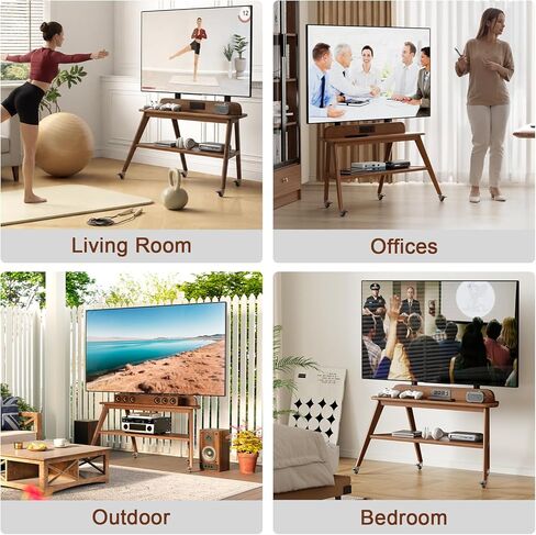 Solid Wood Rolling TV Stand with Power Outlet,Corner Entertainment Center for 40-85 Inch,TV Cart with Storage Shelves,Television Stands with Adjustable Height,Mobile TV Stand for Bedroom,Living Room in Kuwait